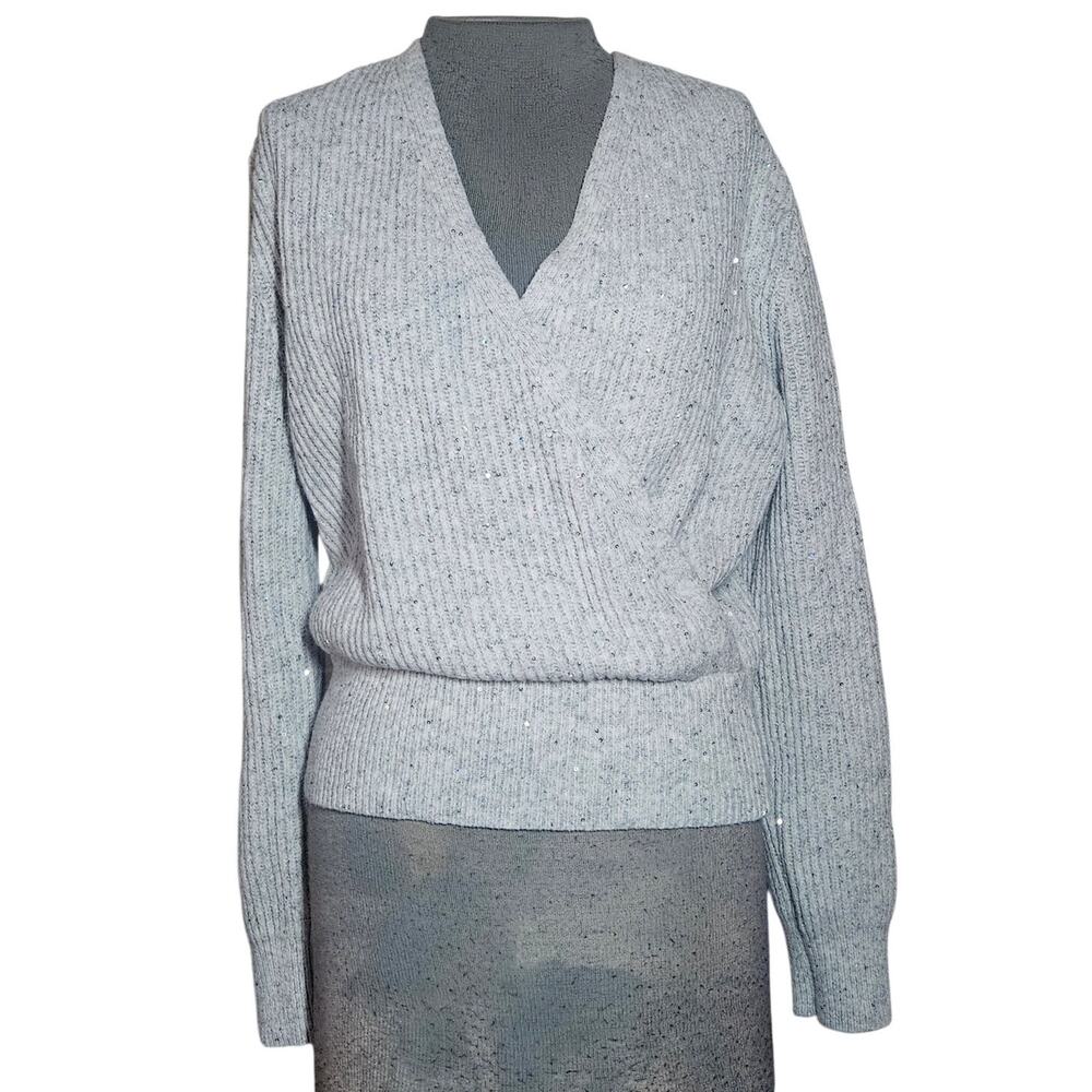 Michael Stars Laurel Surplice Silver Sequin Wool Blend Sweater Size Medium
